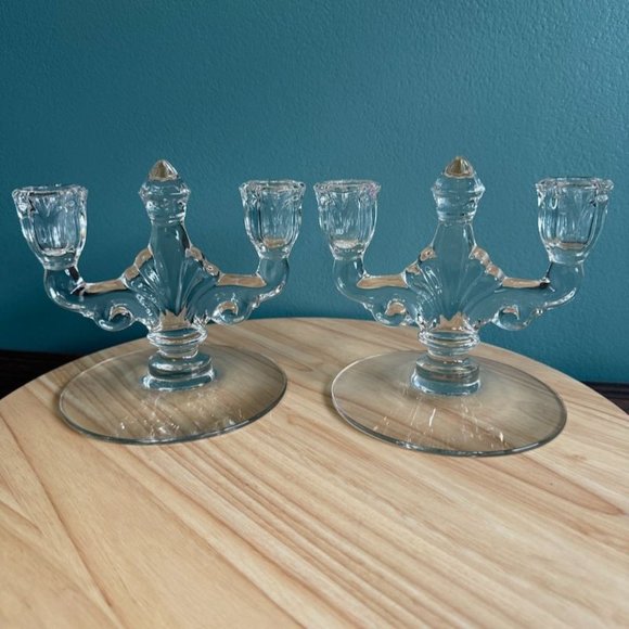 Vintage Pair Heisey Trident Double Candle Holders Crystal Etched Orchid Clear 19 - Picture 1 of 10